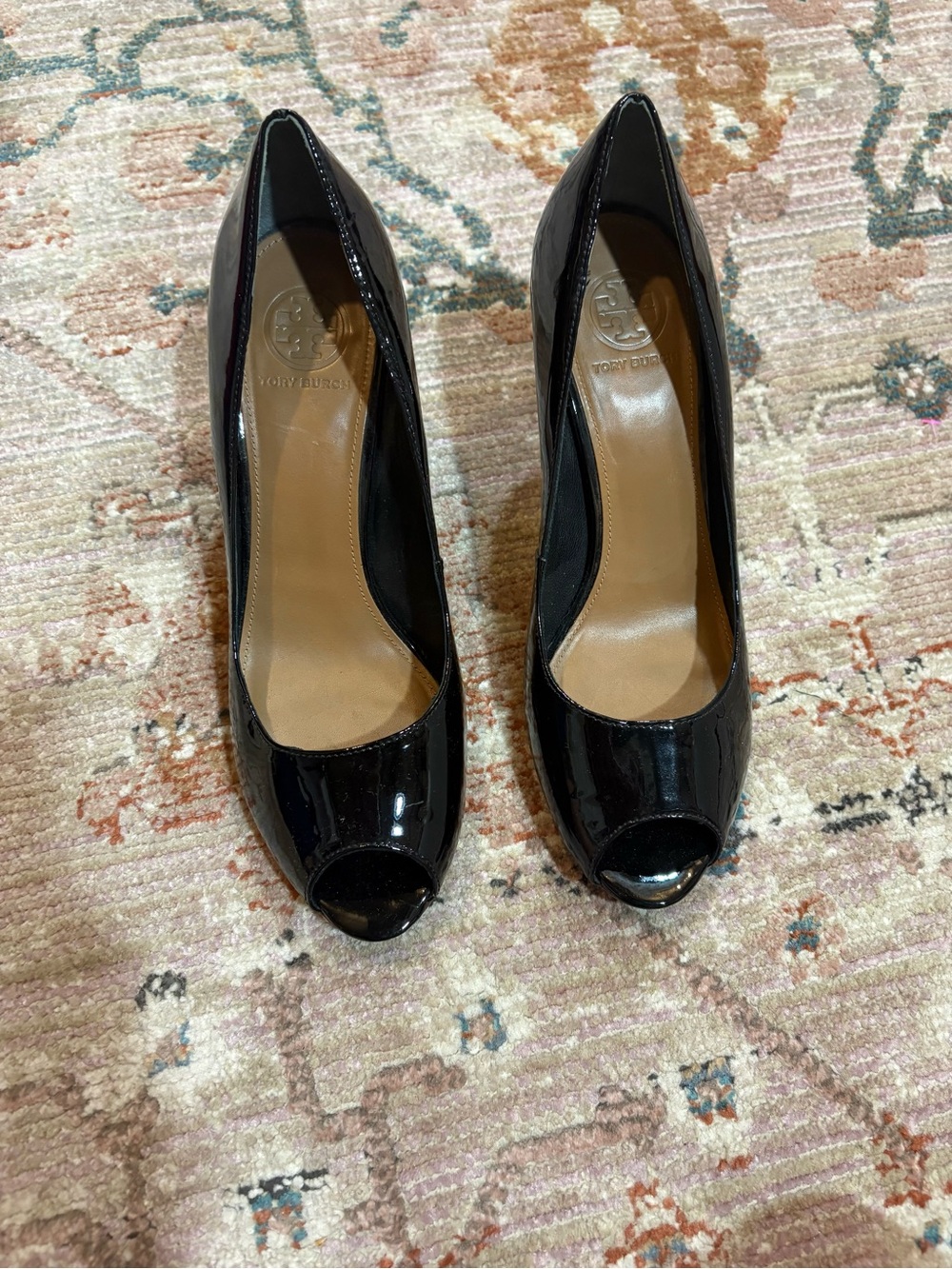 Tory Burch Black Patent Leather Peep-Toe Heels